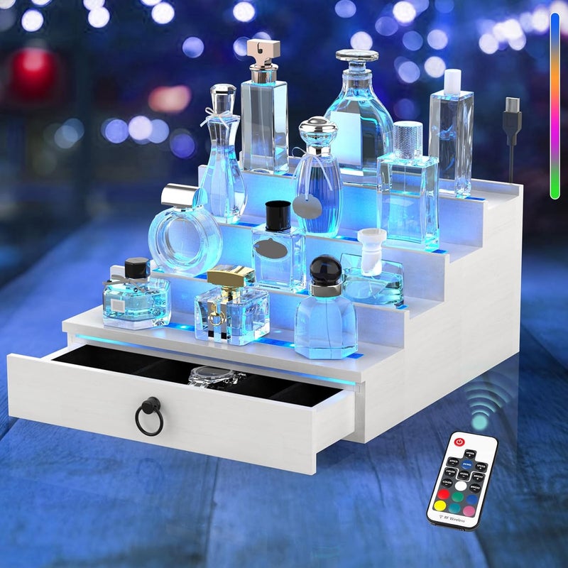 upcessory LED Lighted Cologne Organizer for Men, 4 Tier Wood Perfume Organizer with Velvet Lined Drawer, Multi Lighting Modes Perfume Display Holder with Remote Control, Cologne Shelf Stand, Nice Gift for Men - Image 1